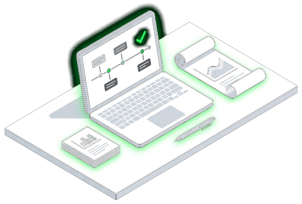 Strategie-Roadmap am Laptop, KI erstellt daraus einen strukturierten Projektplan